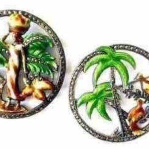 Pair of Tropical vintage enamel and marcasite PINS/BROOCHES